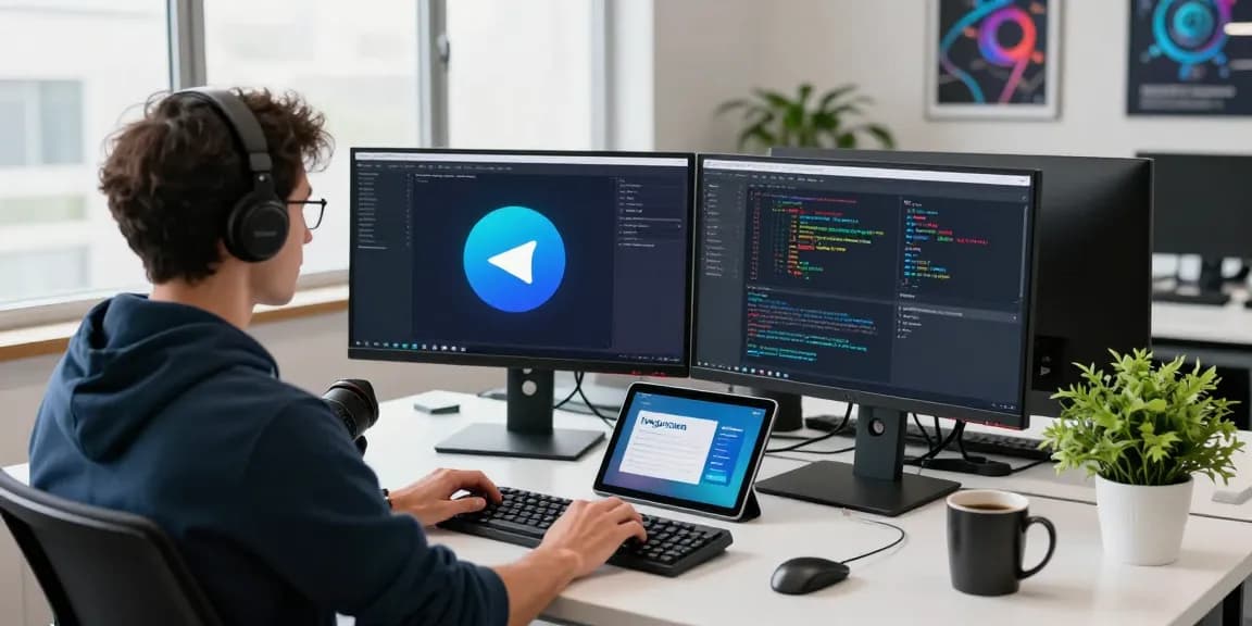 Dynamic workspace showcasing Telegram下载 coding and development tools in a vibrant tech environment.