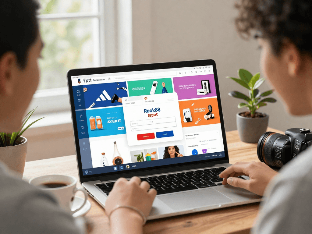 User engaging with rokok88 login screen in a vibrant home office.