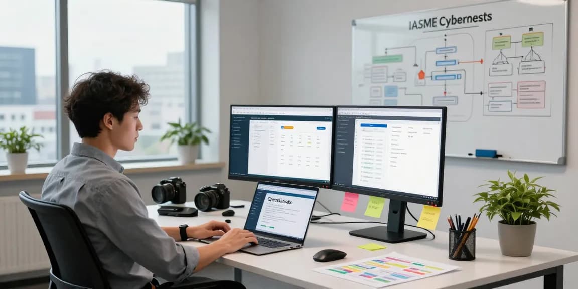 IT professional demonstrating iasme cyber essentials compliance in a modern workspace