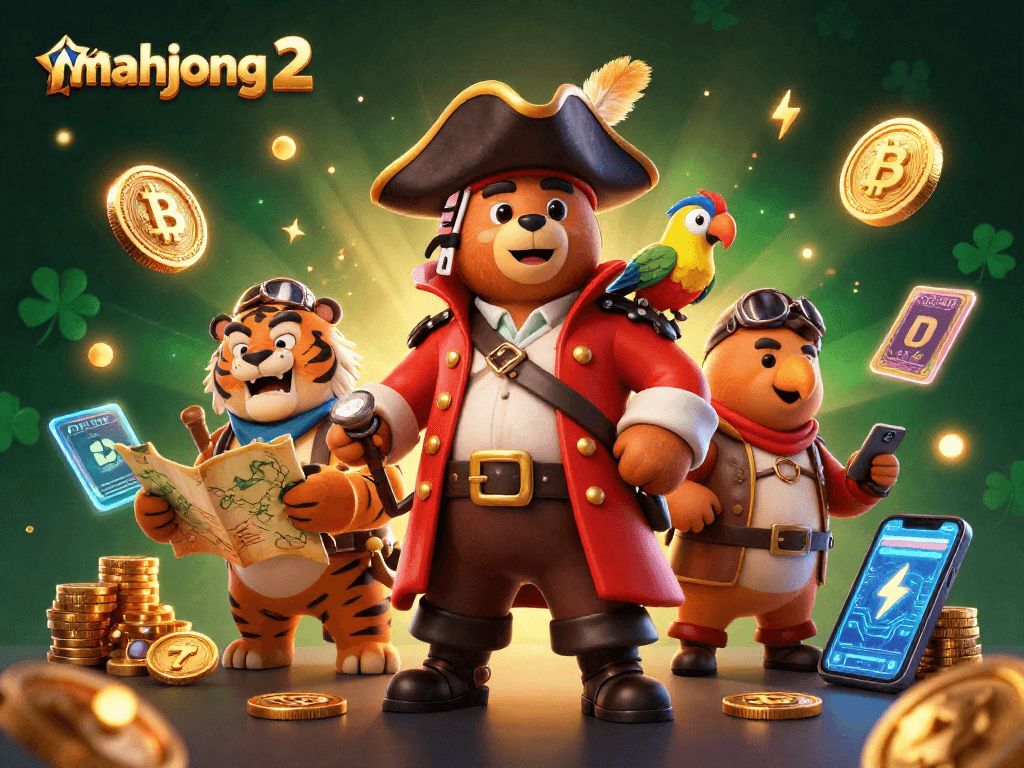 Play mahjong 2 with immersive graphics of a pirate bear and tiger in a casino setting.