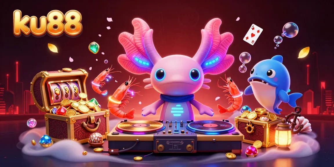 ku88 spins vibrant slot icons with a lively neon axolotl DJ and colorful underwater characters.