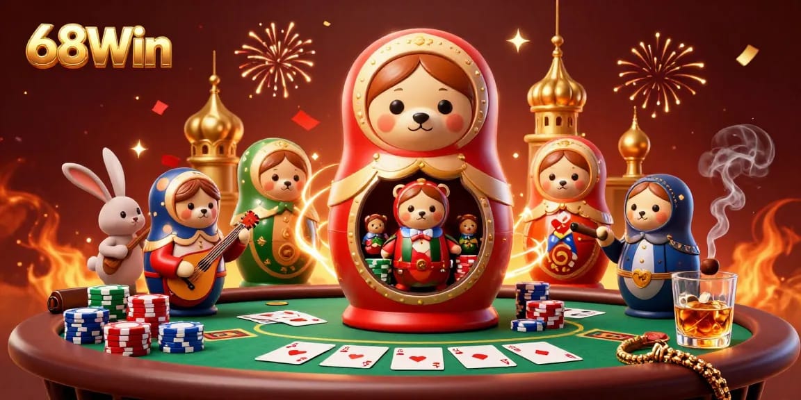 Experience excitement at 68Win with our vibrant casino-themed illustration featuring playful characters and game elements.