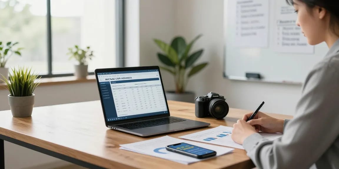 Calculating finances with a merchant cash advance calculator in a professional workspace.