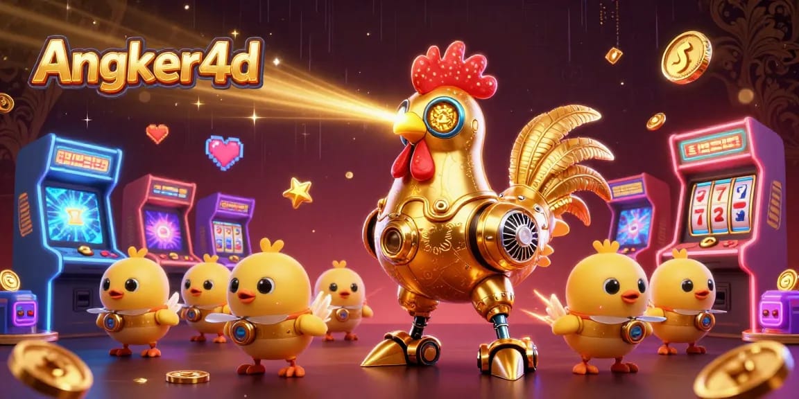 Angker4d menghadirkan suasana kasino digital dengan ayam robot dan mesin slot berkilau.