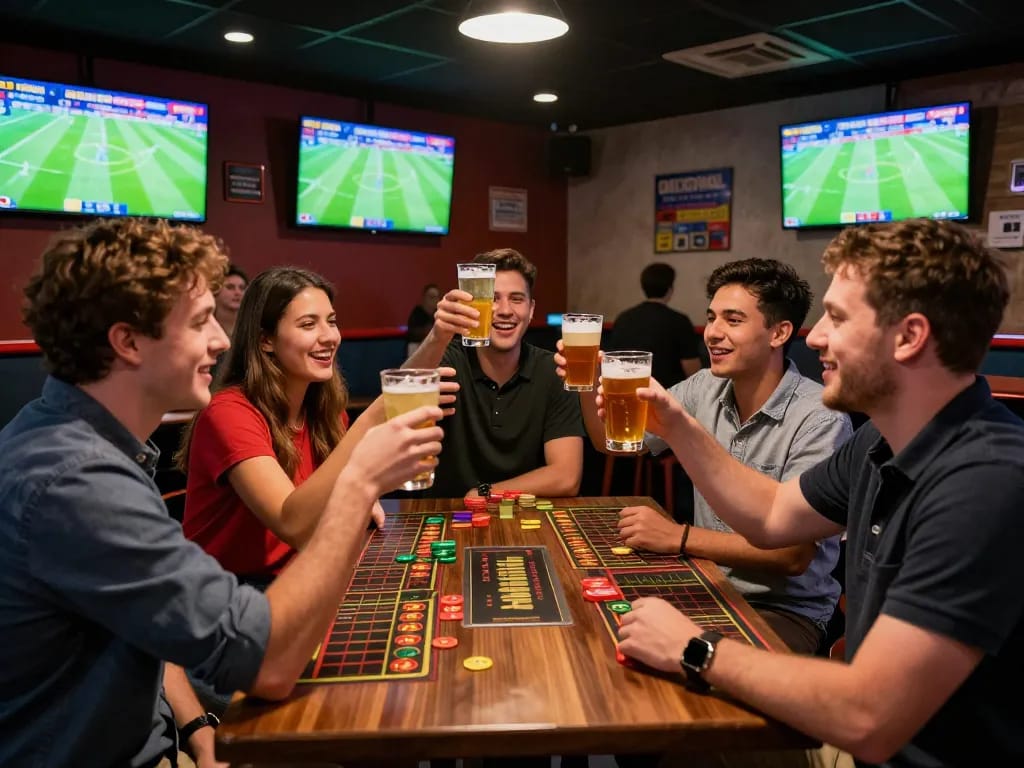 Engaged bettors celebrate winning kèo nhà cái hôm nay at a lively sports betting lounge.