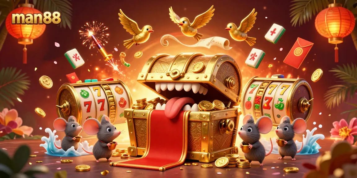 Experience the thrill of man88 with a bright, vibrant casino scene featuring interactive slot reels and treasure chests.