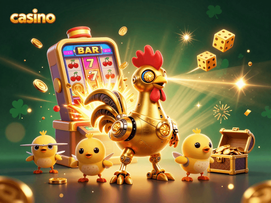 Engage with vibrant casino excitement featuring a golden rooster robot and slot machine jackpot.