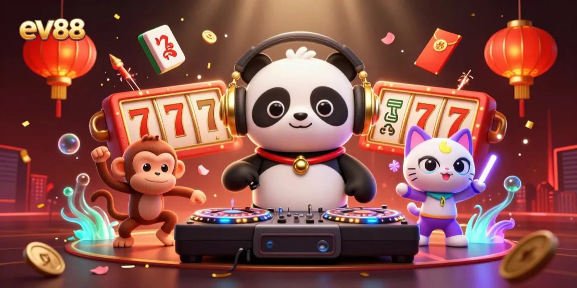 Experience the excitement of ev88 with a vibrant scene featuring a dancing panda DJ and casino elements.