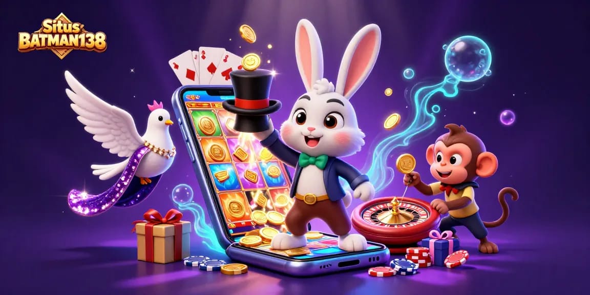 Situs BATMAN138 brings excitement to life with a magician, dove, and monkey amidst vibrant casino symbols.