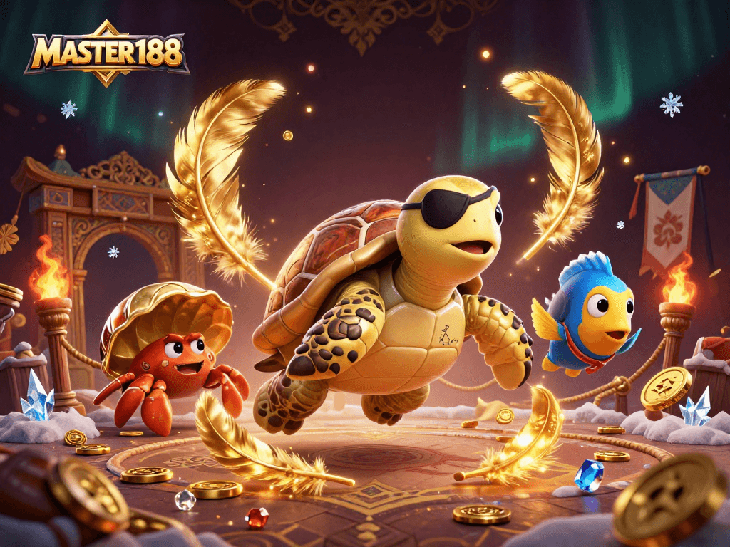 Engaging MASTER188 illustration capturing a 3D cartoon pirate turtle, hermit crab, and parrotfish amidst sunken treasure and gambling elements.