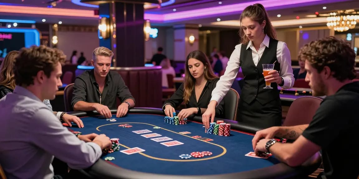 Exciting gambling scene with players at a poker table enjoying rokok88 at a modern casino.