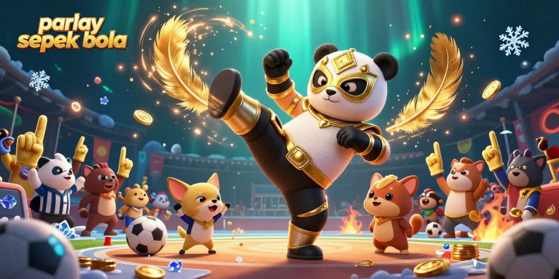 Engage in parlay sepak bola with a thrilling kick by our panda wrestler, set in a vibrant sports betting scene.