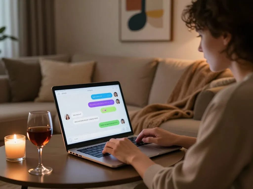 Engaging in ai porn chat on a laptop in a cozy, modern living room setting.