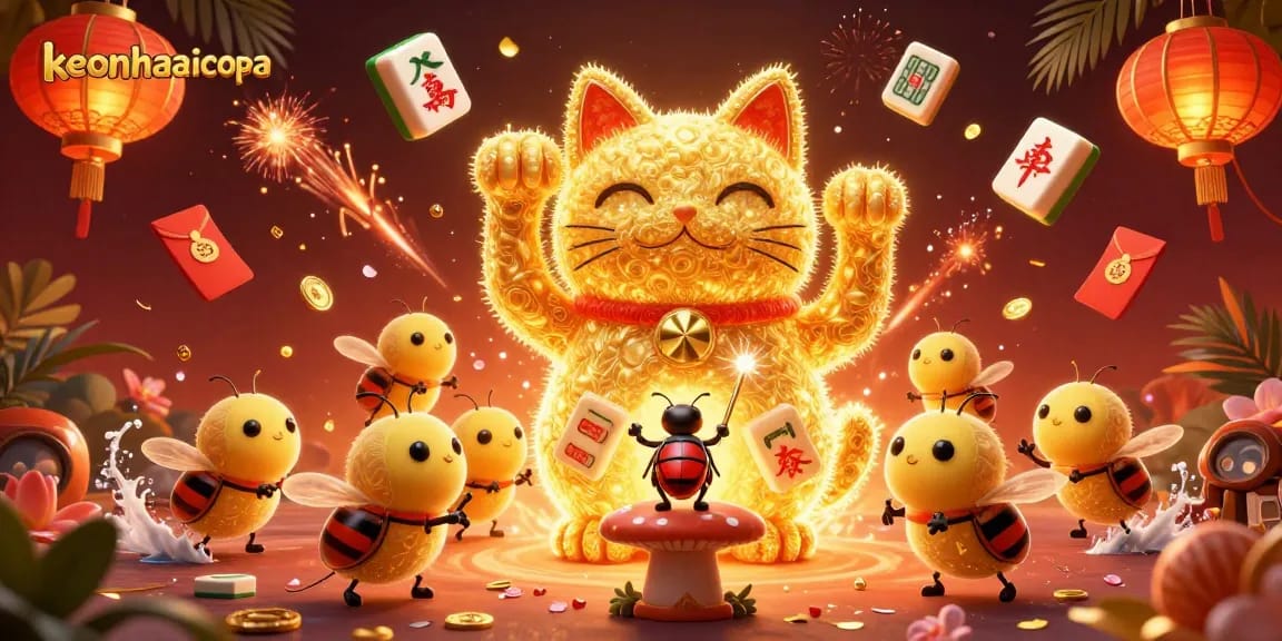 Engage with keonhacaicopa as a playful giant lucky cat leads vibrant casino symbols in a dynamic 3D scene.