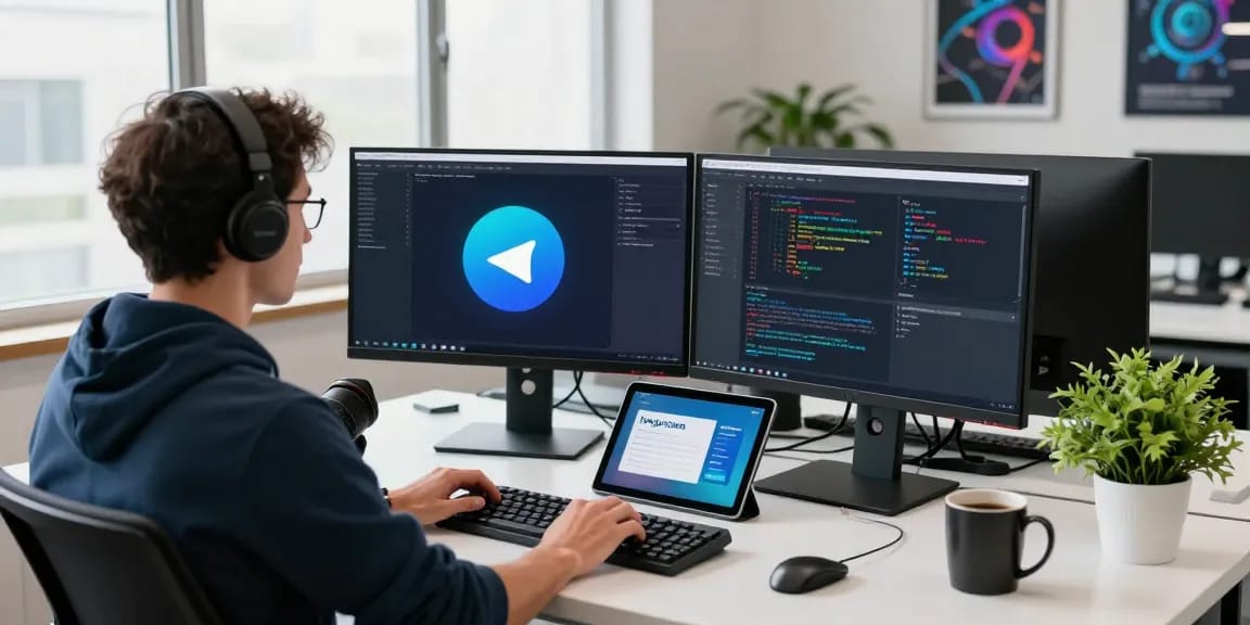 Dynamic workspace showcasing Telegram下载 coding and development tools in a vibrant tech environment.