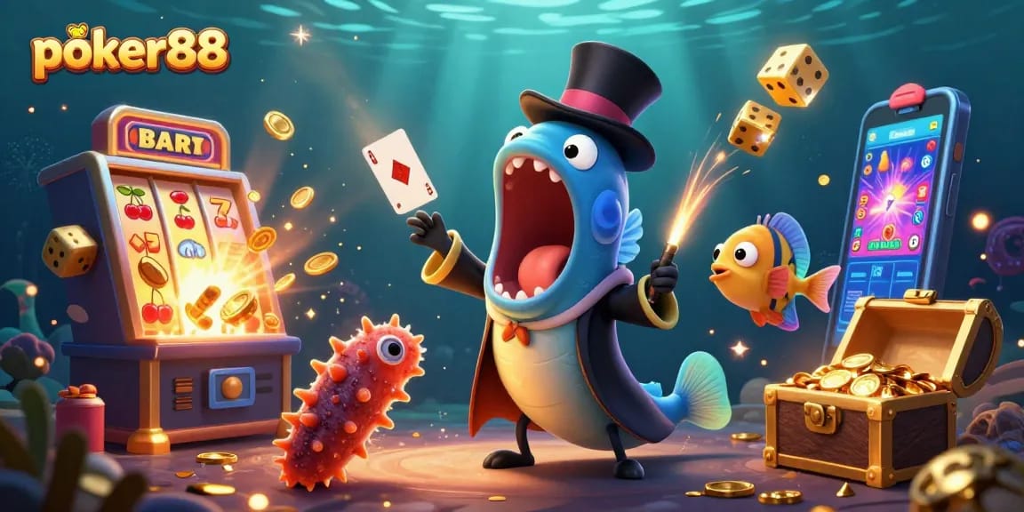 Poker88 vibrant scene showcasing a magical deep-sea poker game with card tricks and jackpot elements