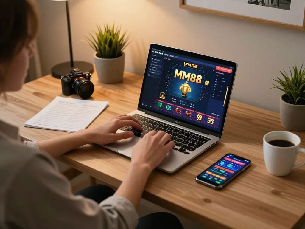 Player enjoying MM88 online casino gaming on laptop amid strategic notes and a cozy atmosphere