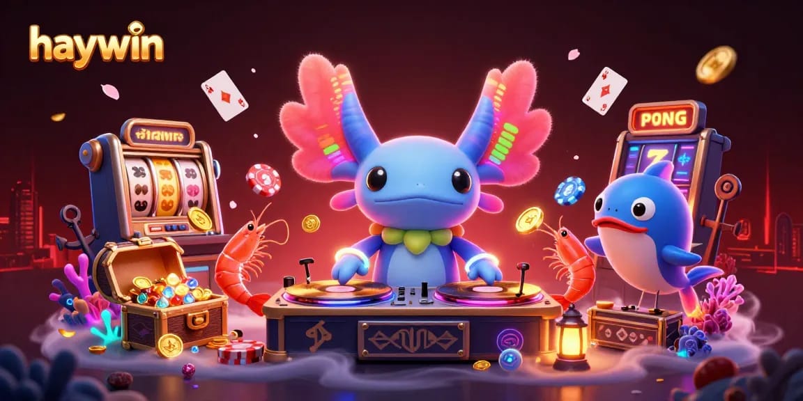 Spin and win at haywin with vibrant casino-themed underwater adventures featuring axolotl DJ and gaming elements.