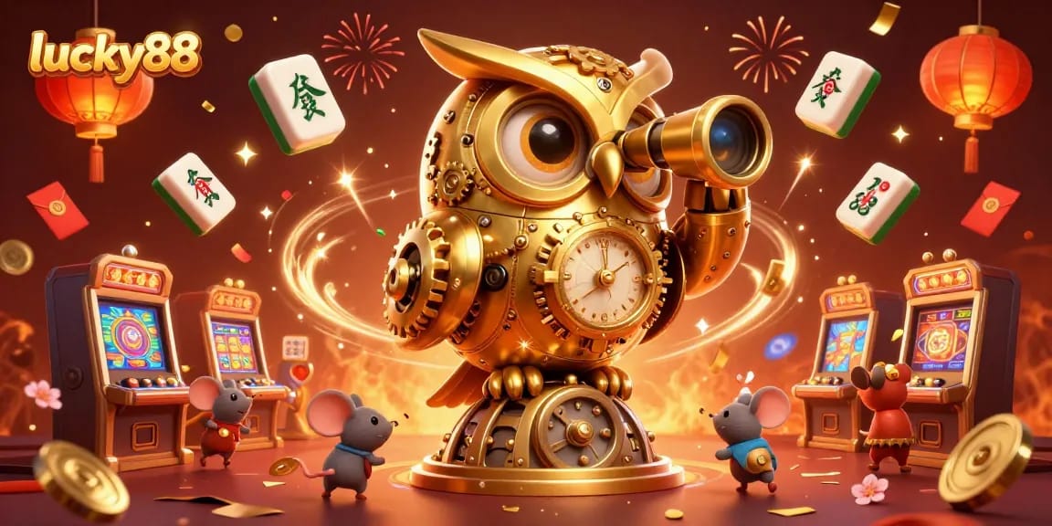 Win big with lucky88 at a colorful casino scene featuring an owl and mouse patrons.