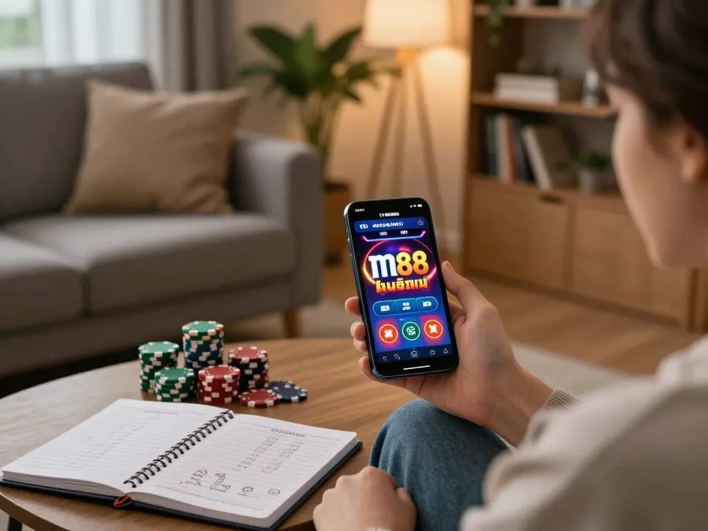 การเล่นเกมแอป m88 มือถือที่น่าสนใจบนโซฟาสุดสบายพร้อมโน้ตกลยุทธ์