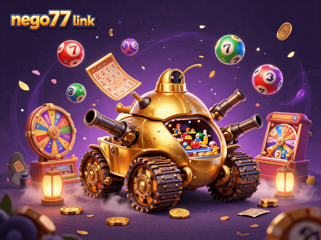 Spin to win with the nego77 link gaming experience featuring slot reels and vibrant lottery balls.