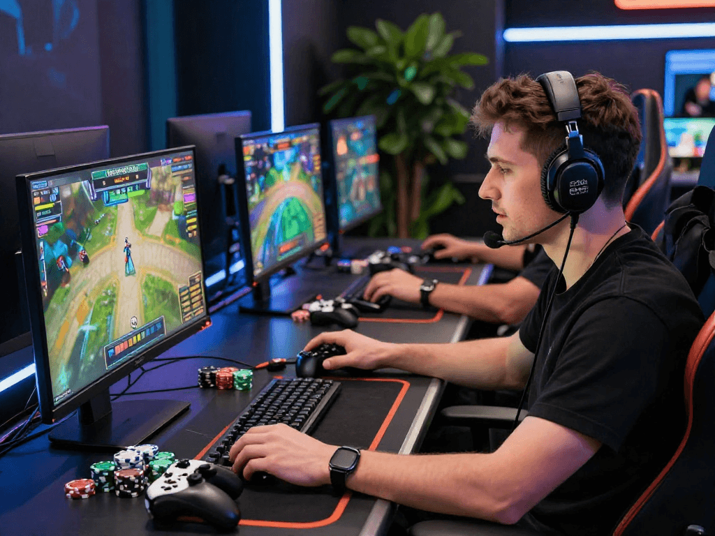 Engaged gamer at http://oxbet-app.com with immersive environment showcasing gaming setup and accessories.