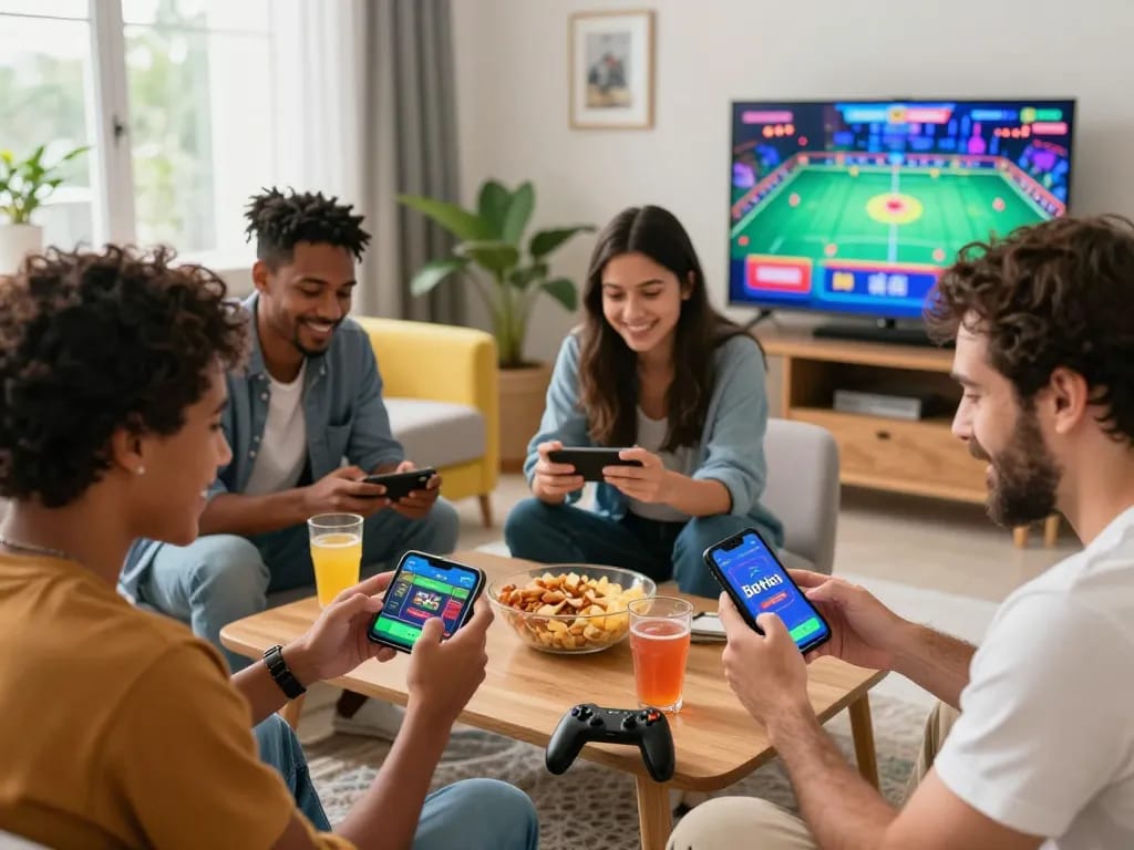 Friends enjoying mobile gaming on the BetVisa app in a cozy living room.