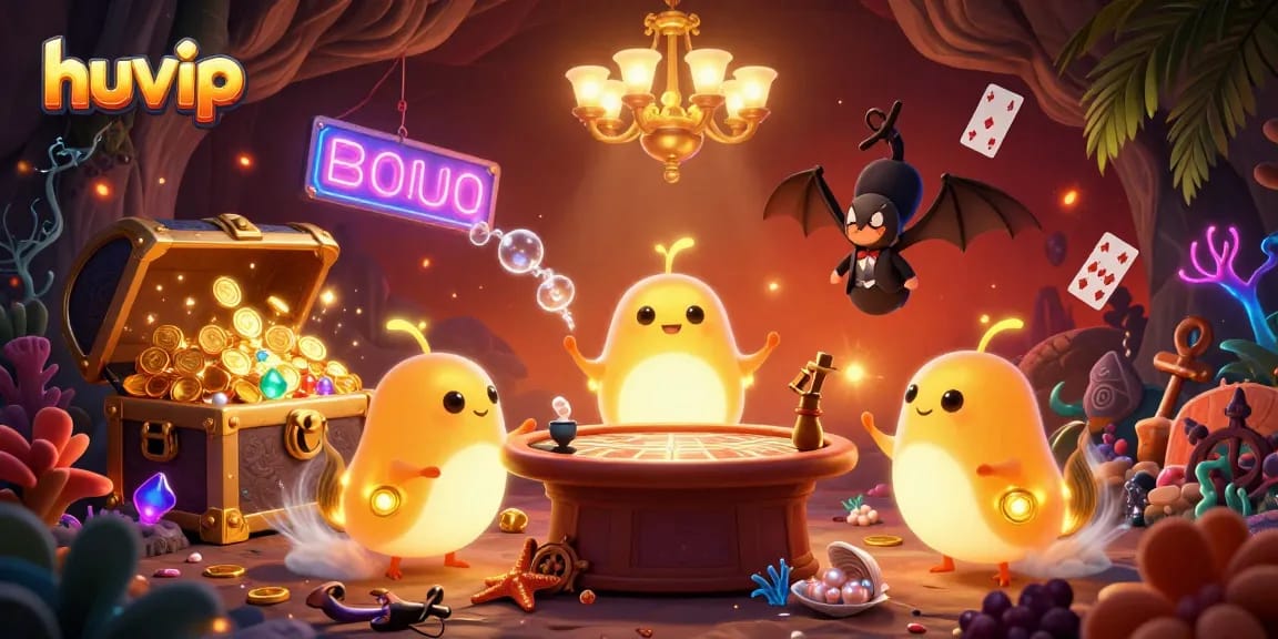 Experience the excitement of huvip with a vibrant 3D casino scene featuring glowing characters and dynamic game elements.