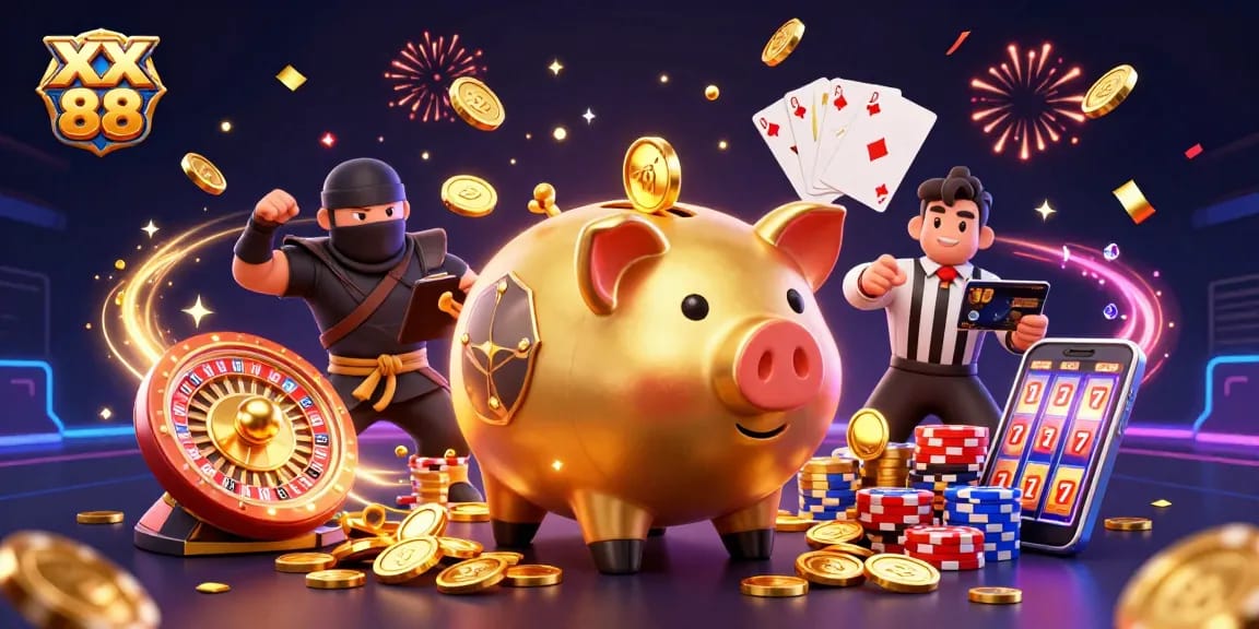 Experience the thrill of XX 88 with a vibrant casino-themed illustration featuring dynamic gaming characters.