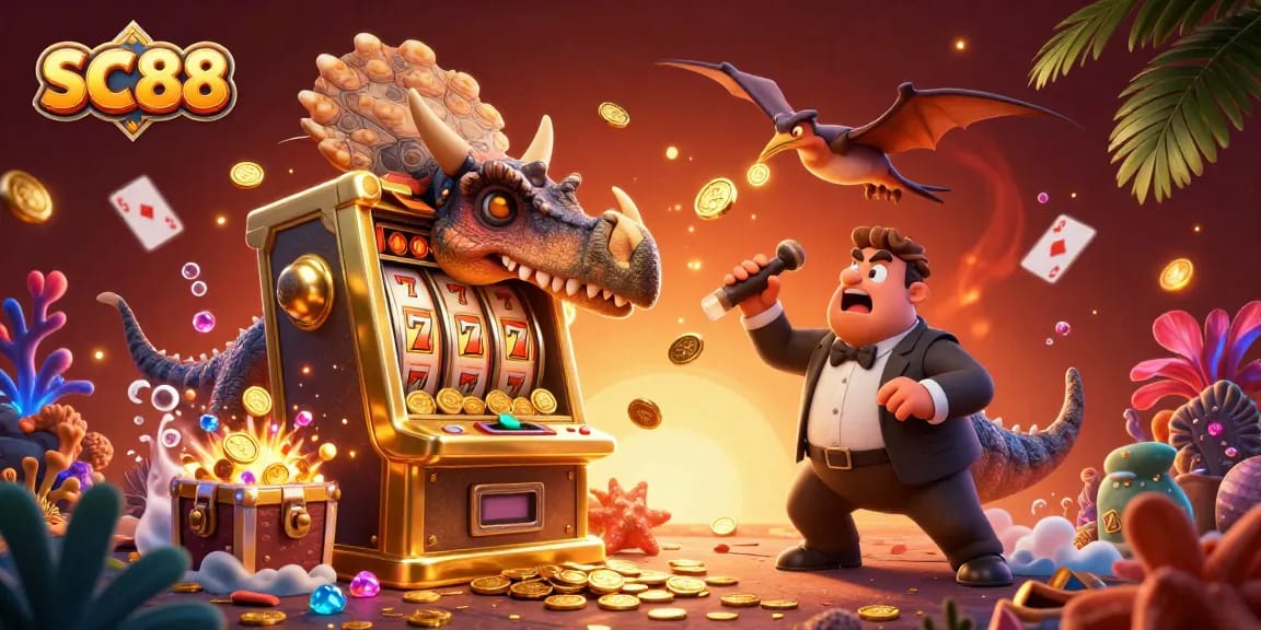 Catch the action at SC88 with a pachycephalosaurus celebrating jackpot wins amidst flying coins and casino elements.