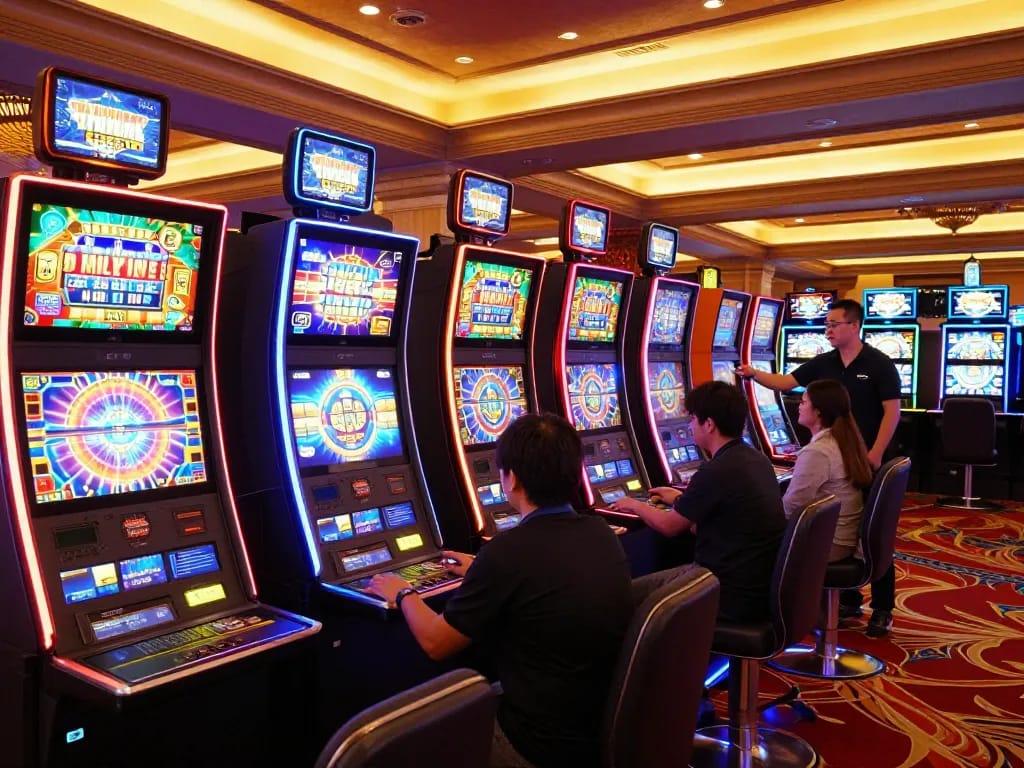 Players enjoying various sunwin slot machines in a vibrant casino atmosphere