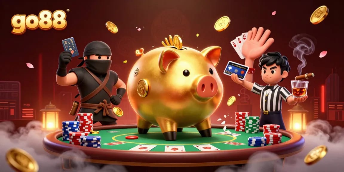 Engage in excitement at go88 with a dynamic scene featuring a golden piggy bank sumo wrestler amidst poker elements.