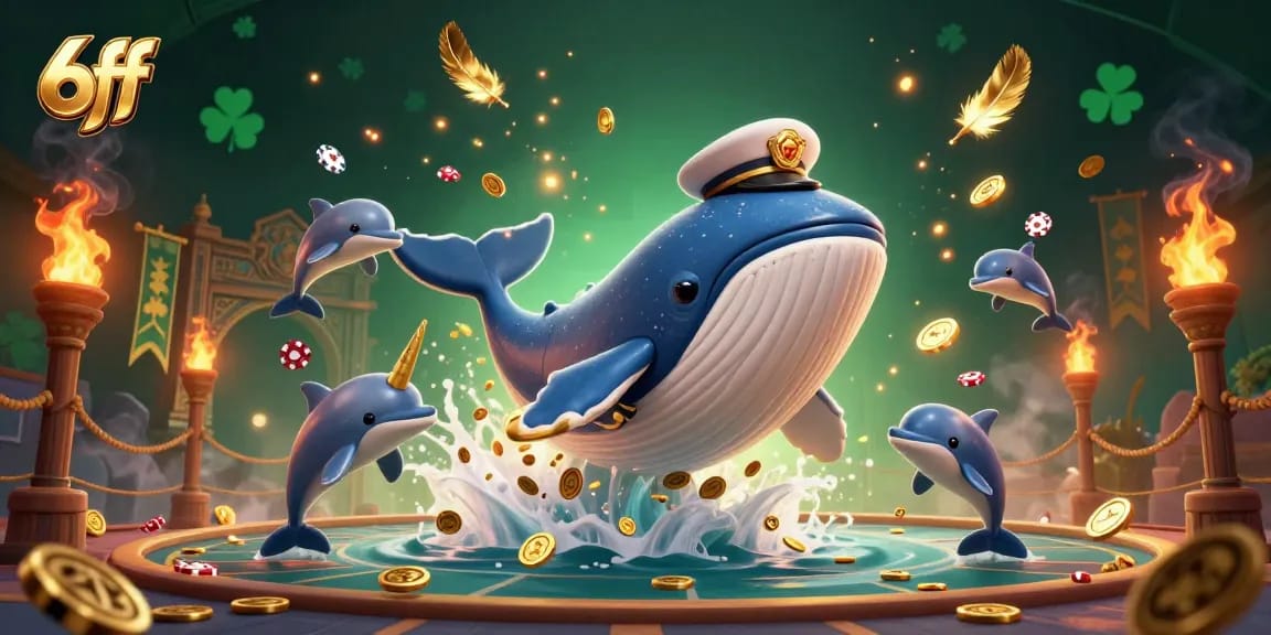 Experience thrilling action at 6ff with captivating whales and dolphins amid a sea of coins.