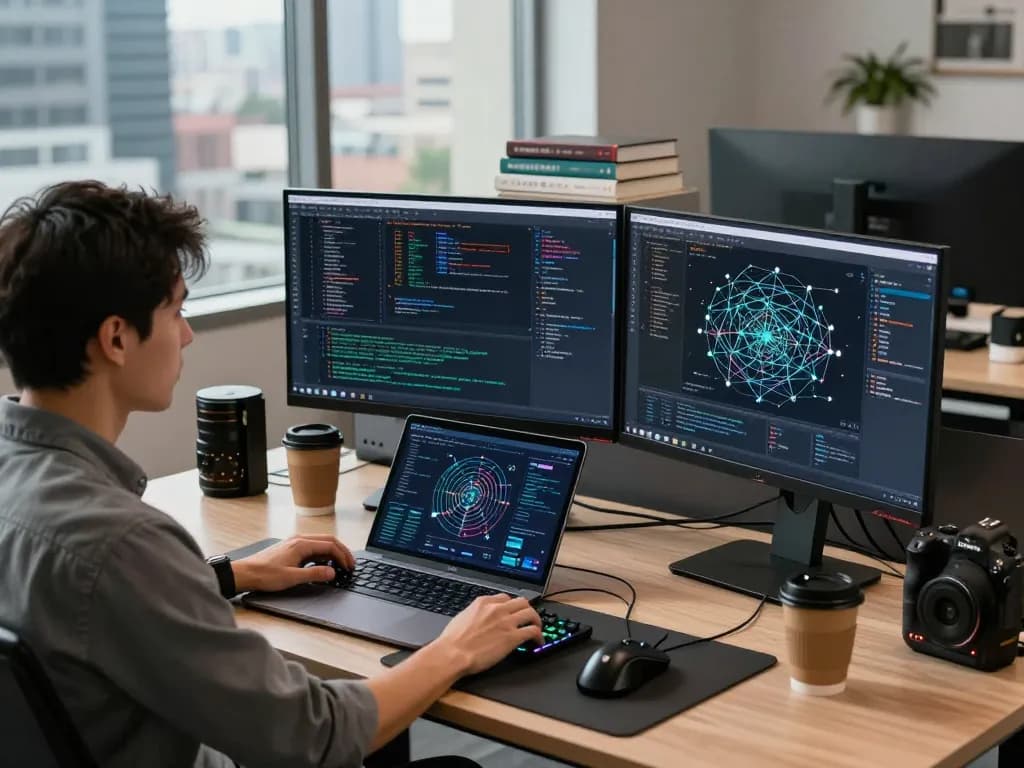 快连 network solutions showcased in a modern tech workspace with dual monitors and AI routing analytics.
