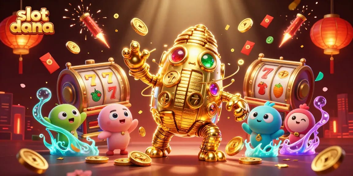 Engage with slot dana on a colorful 3D scene featuring a golden golem, jackpot symbols, and festive decorations.