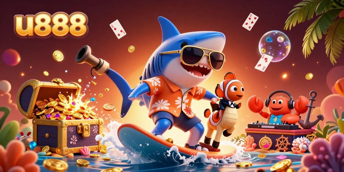 Experience u888's thrilling gaming atmosphere with a colorful 3D illustration featuring iconic casino characters.