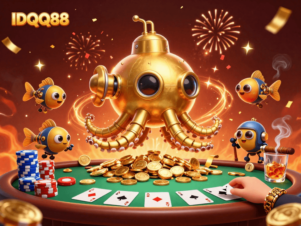 Experience thrilling poker actions with IDQQ88 as a golden kraken submarine emerges amidst vibrant casino excitement.