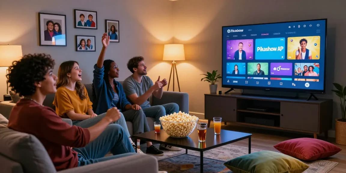 Friends enjoying movie night using Pikashow APK in cozy living room with popcorn and drinks.