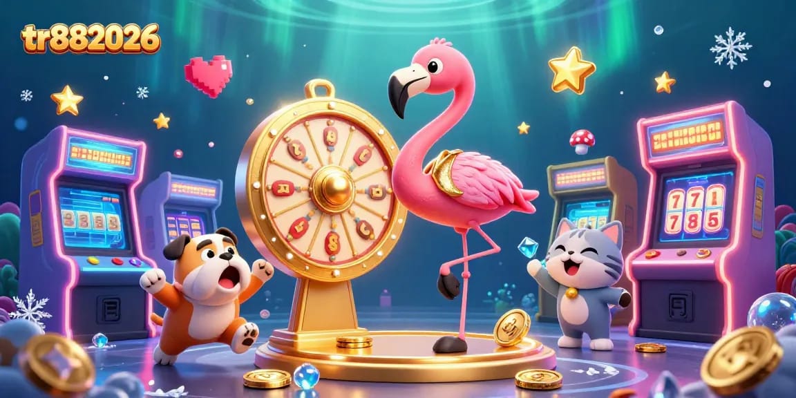 Spin to win prizes with tr882026 in a vibrant casino-themed 3D game show illustration.