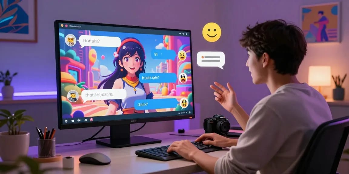 Interactive scene of a user engaging with a lifelike hentai chat AI in a colorful virtual environment, showcasing modern technology and anime elements.