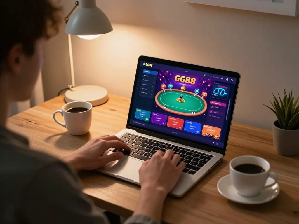 Engaging gaming session on GG88 with player analyzing poker interface in a cozy home setting.
