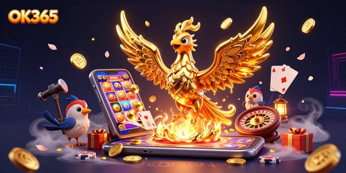 Experience the exciting world of OK365 with a molten gold phoenix and vibrant casino games.