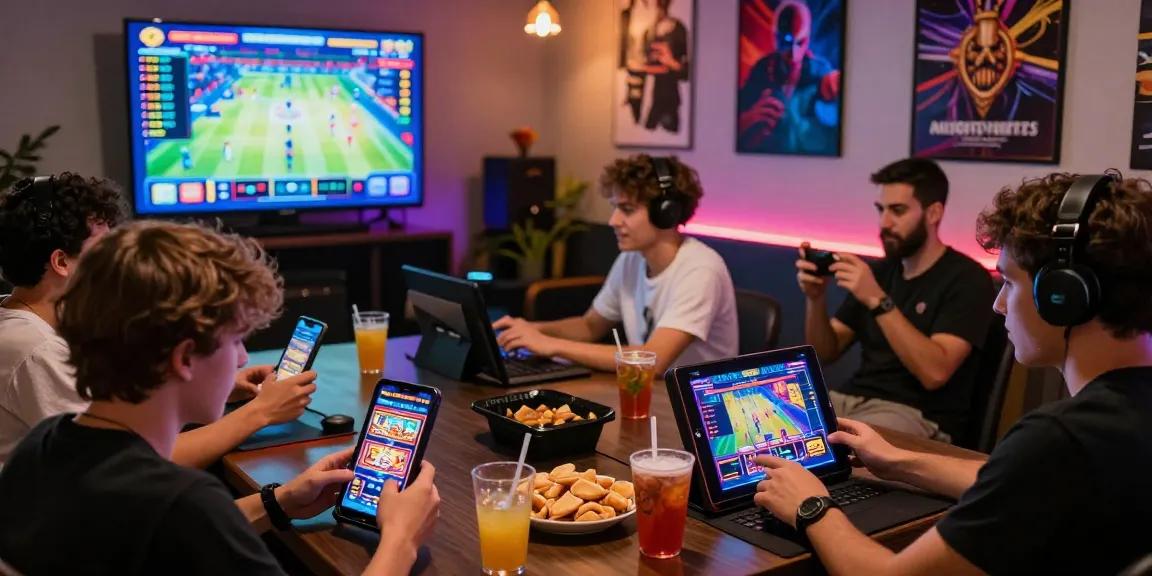 Exciting gaming scene of players enjoying slot games on devices with deposit tanpa minimal.