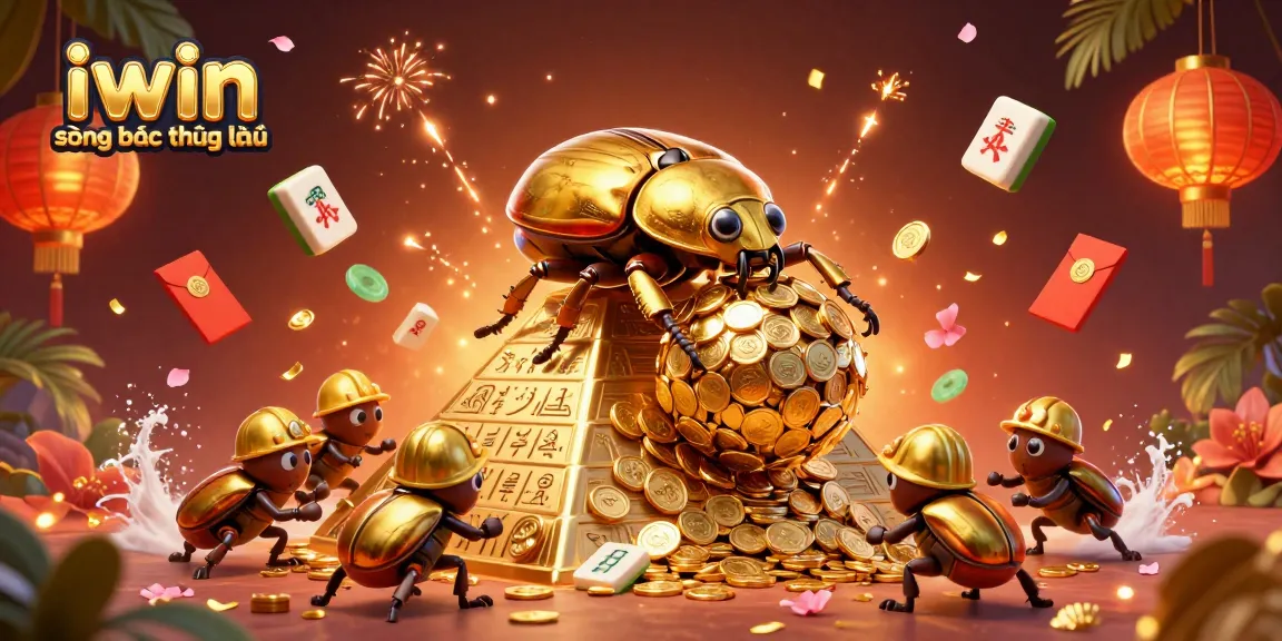 Experience the excitement at iwin sòng bạc thượng lưu with a dynamic scene of golden beetles symbolizing wealth.