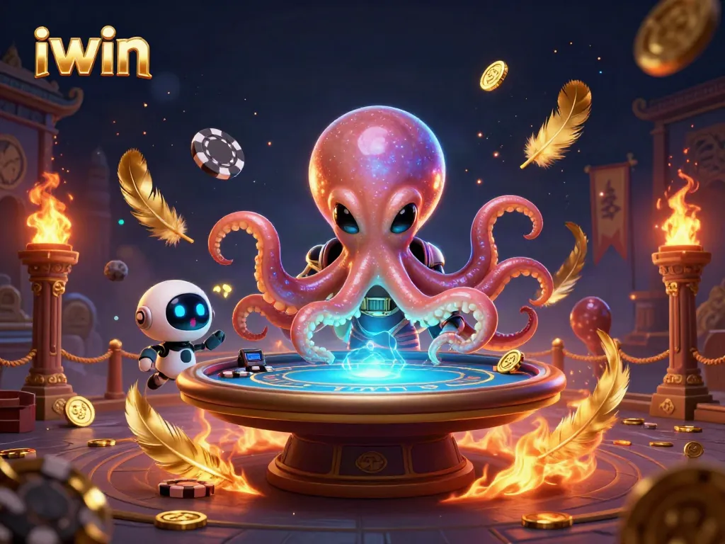 Engage with iwin's thrilling poker atmosphere featuring an alien octopus and vibrant game elements.