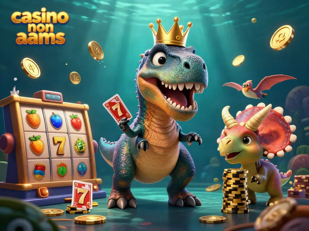 Gioca nel miglior casino non AAMS con T-Rex che mescola le carte e triceratopo che impila fiches d'oro.