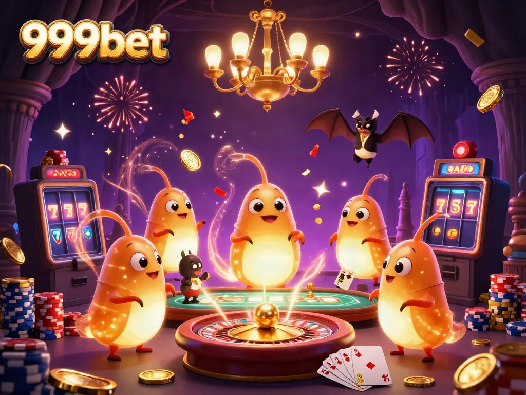 Experience the vibrant energy of 999bet with animated glowworms illuminating a lively casino scene filled with bonuses.