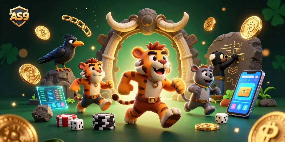 AS9 casino illustration featuring a caveman, saber-toothed tiger, and crow counting winnings.