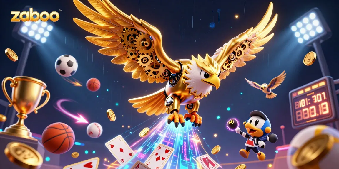 Experience thrilling action at zaobao with a cybernetic eagle soaring through dynamic gaming elements in this vibrant casino illustration.