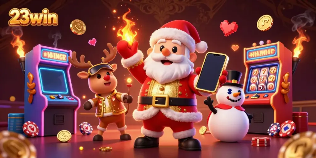 Experience the excitement of 23win with Santa, reindeer, and snowman in a vibrant casino scene.